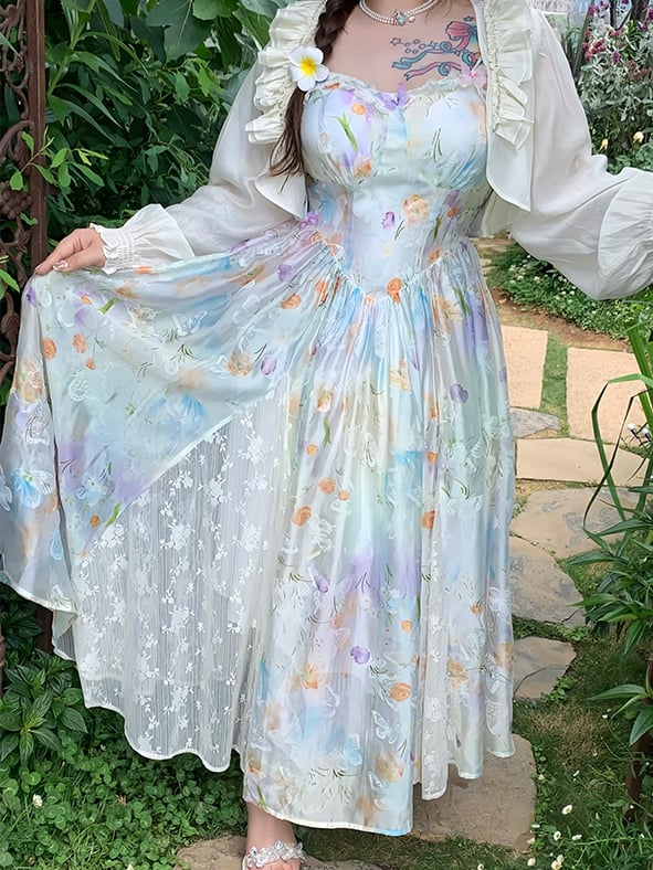 Holiday Plus Size Cami Dress Lace Patches Hem Oil Painting Print White