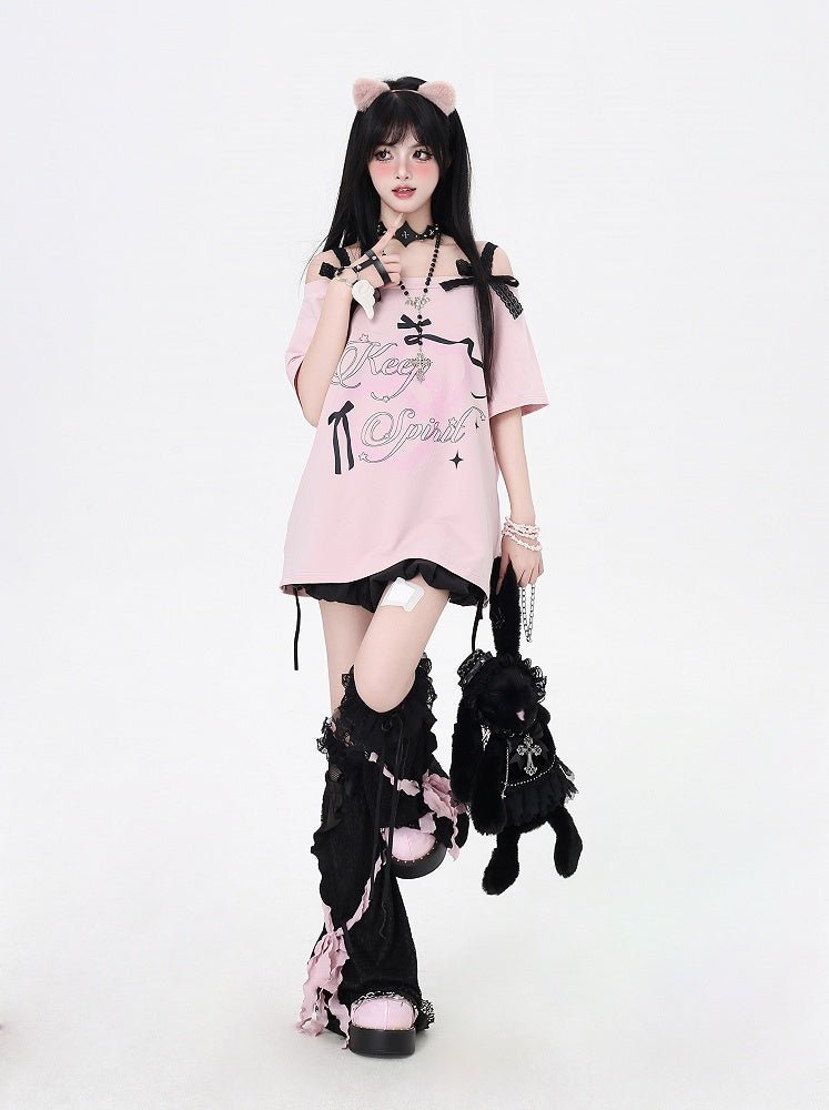 Pink Graphic T-Shirt Off-the-Shoulder Neckline with Lace Bows