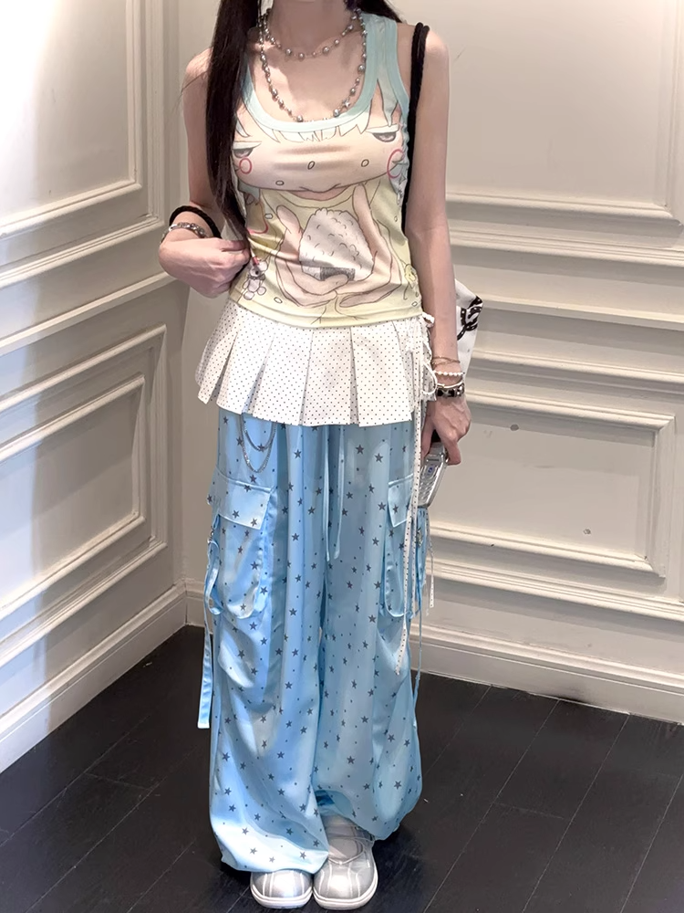 Blaue Cargohose mit weitem Bein und Allover-Taille und Kordelzug im Sternenmuster