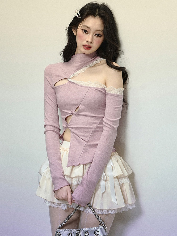 Purple Cutout Shoulder Mock Neck Top with Asymmetrical Hem
