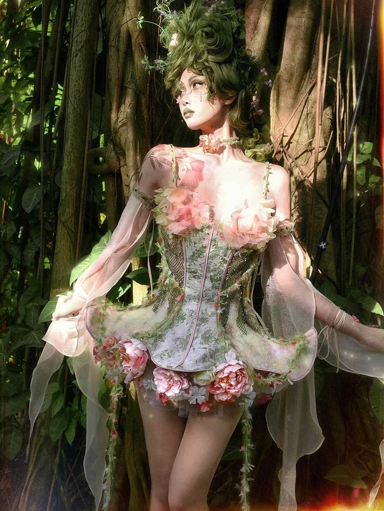 Straps Boned Floral Design Fairy Vine Green Top Pink Spaghetti and Goth Corset