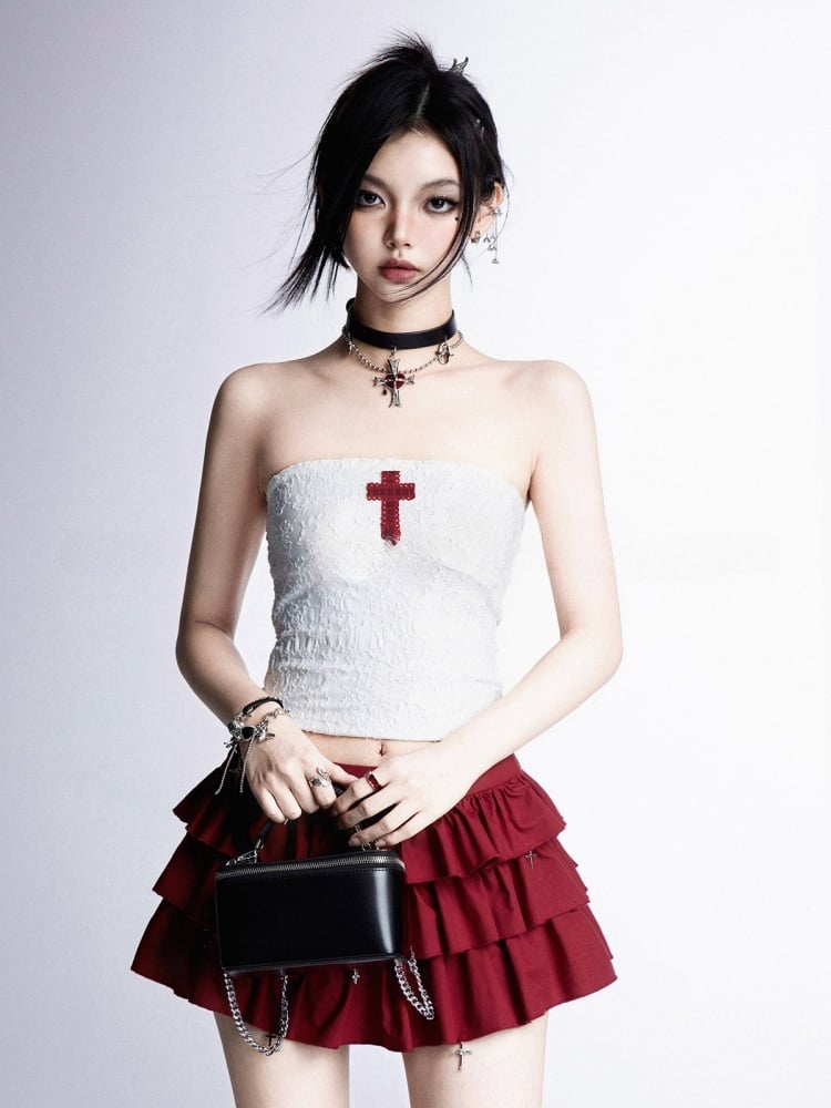 Strapless Top/Red Cross Tiered Skirt Gothic Red Cross Applique White Cropped Charms