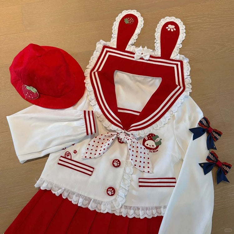 Pink/Wine Ruffled Sailor Collar Bunny Ears Design Back Red JK Uniform Top Light