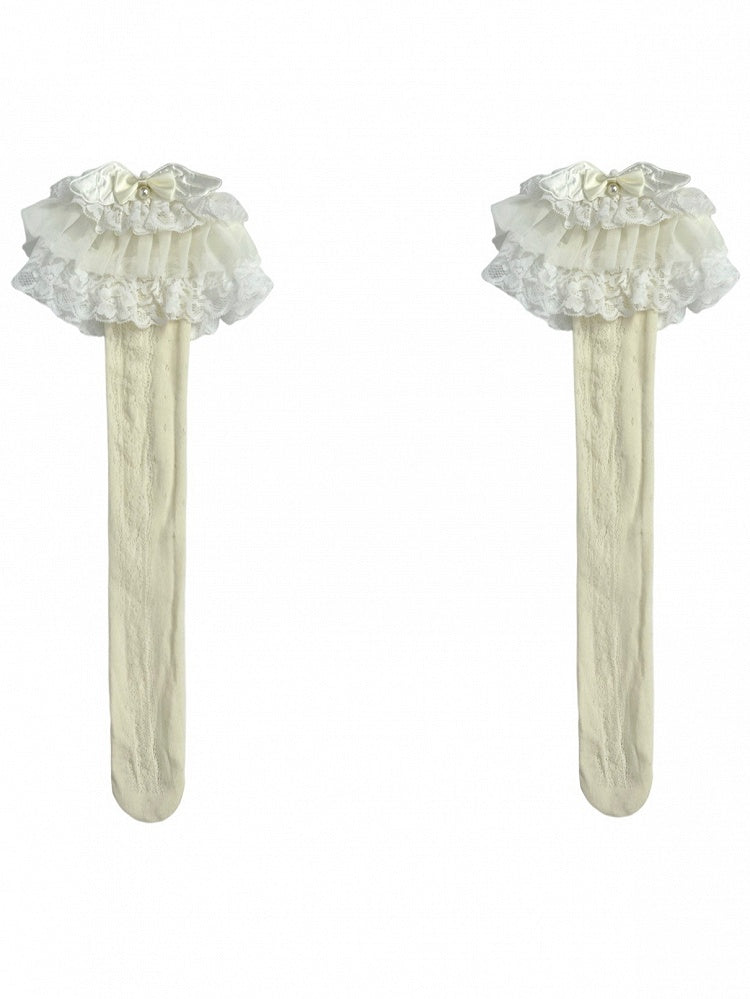 Trim Bowknot Beige verziert Unter-Knie Spitze und Flügel Strümpfe Lolita Perlen