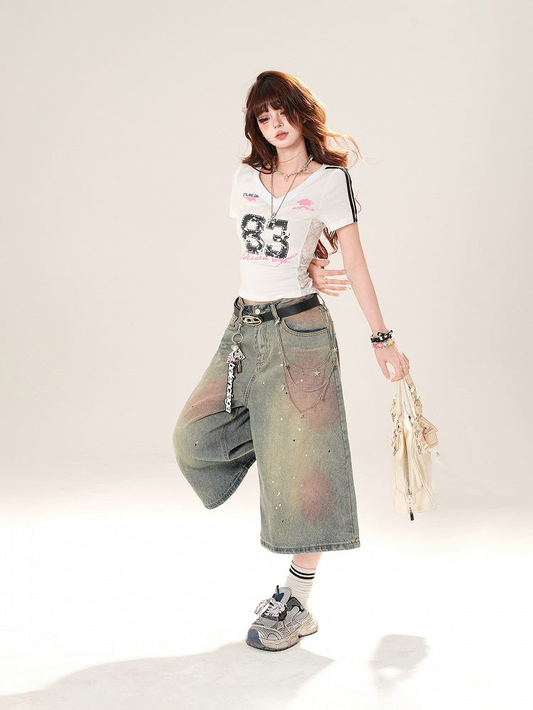 Blue Low Distressed Rise Sequin Details Straight-Leg Jeans