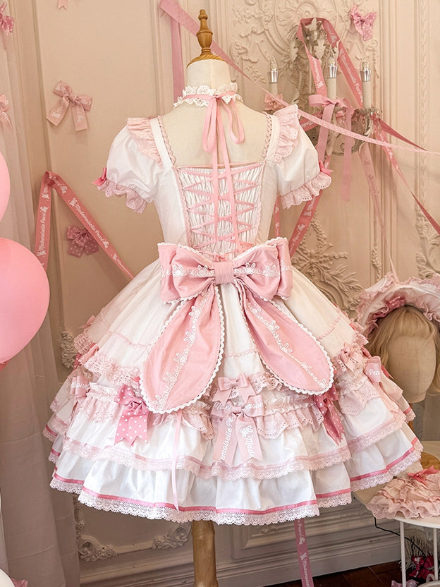 Ruffle One Piece Pink White Sweet Princess and Bow Dress Theme Lolita Bunny Accents
