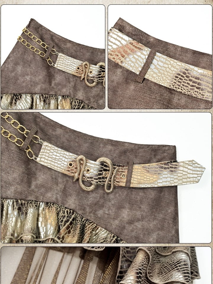 High-low Punk Brown Skirt Snakeskin Design Tiered Pattern Wasteland
