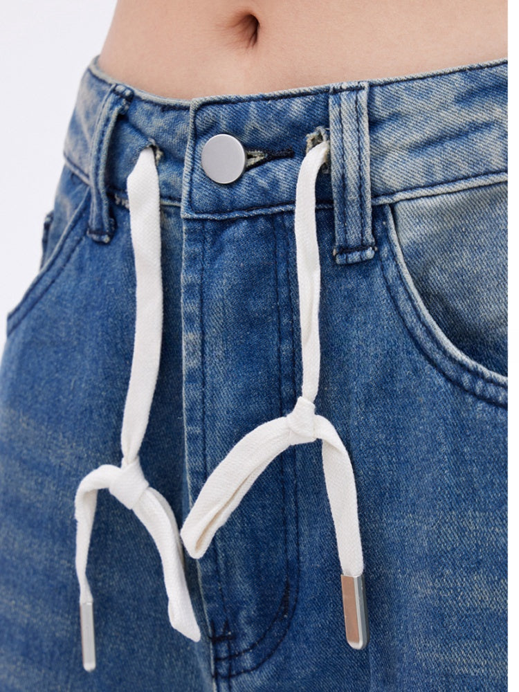 Low Vintage Wide-Leg Jeans Length Drawstring Floor Blue Waist