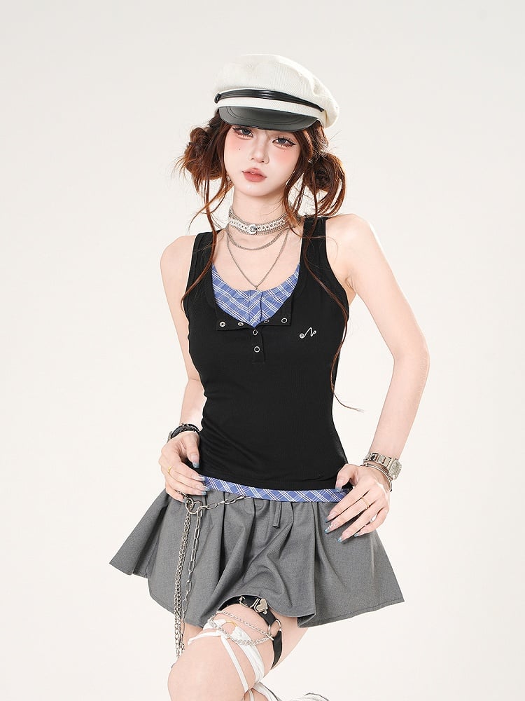 Tank Top Black and Blue Plaid Faux Two-pieces Slim-fitting