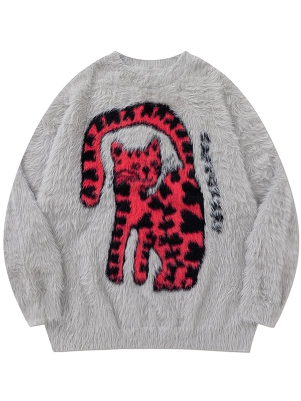 Grey Cat Pattern Round Neck Loose Sweater