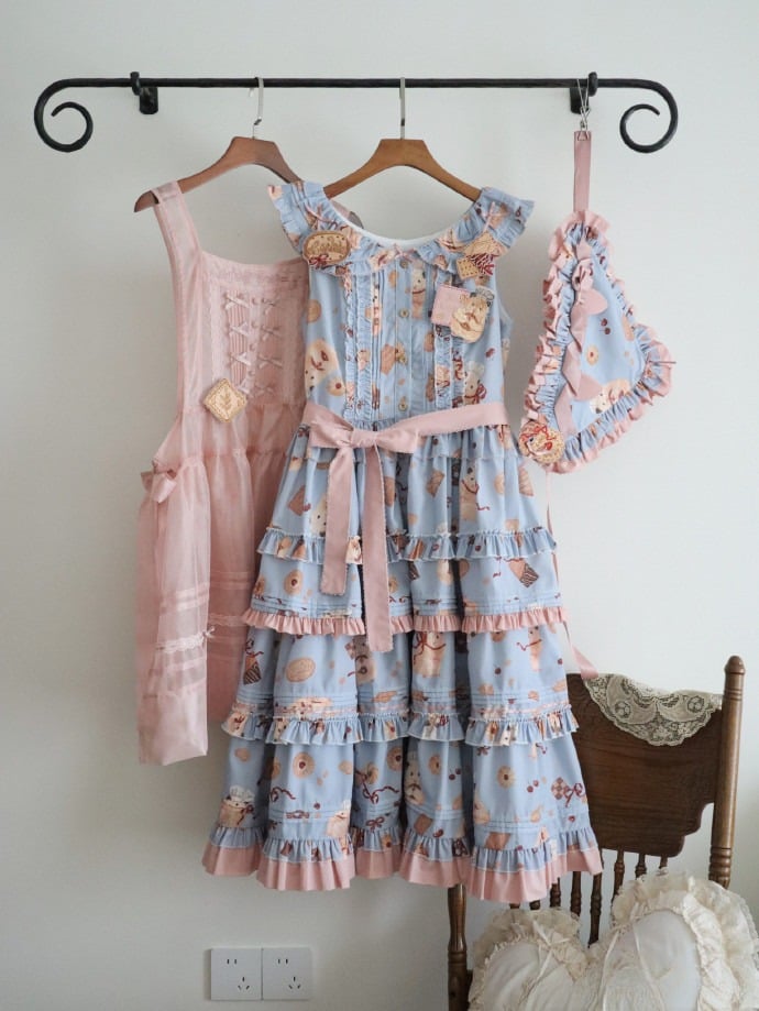 Print Cookie + Rosa Kopftuch Volles Lolita-Kleid Broschen Süße und Schürze Blau Set Dreieckiger Hamster