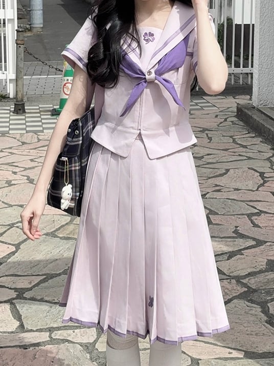 Print Skirt Uniform JK Pruple Style Pleated Preppy Clover Four-leaf