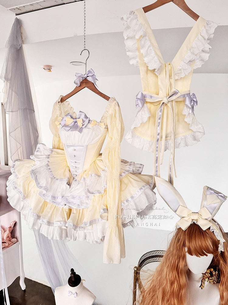 Yellow and Purple Sweet Maid Apron + Basque Waist Tiered Ruffles Hem Strapless Puffy Dress
