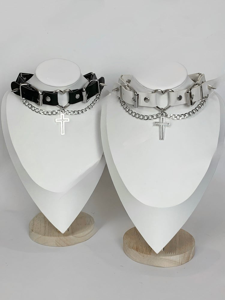 Buckles Studs Choker Cross Pendant Black/White Punk Details Design