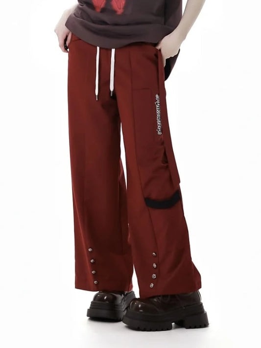 Straight-Leg Pants Red Drawstring Waist Stud Details