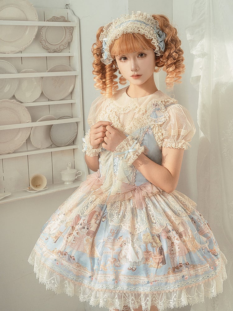 Baby Jumper Mieder Tea Party Print Kitty Kleid Blau Rock Korsett Sweet Lolita