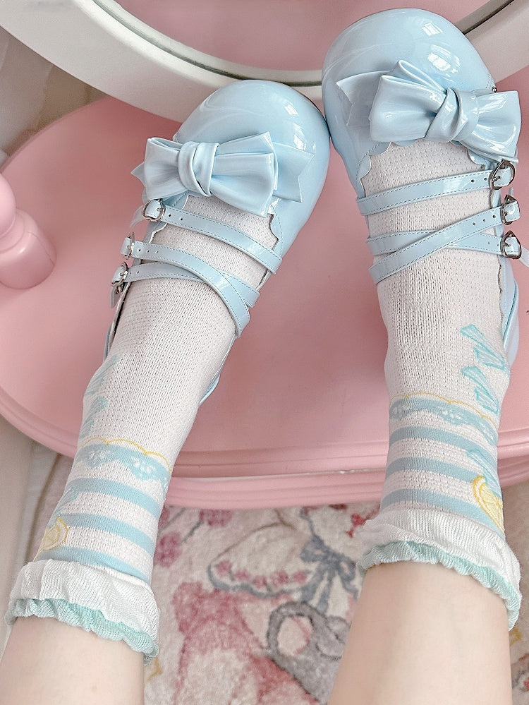 Blue Ruffle Socks Bowknot Print Lolita Lemon Trims Calf Sweet