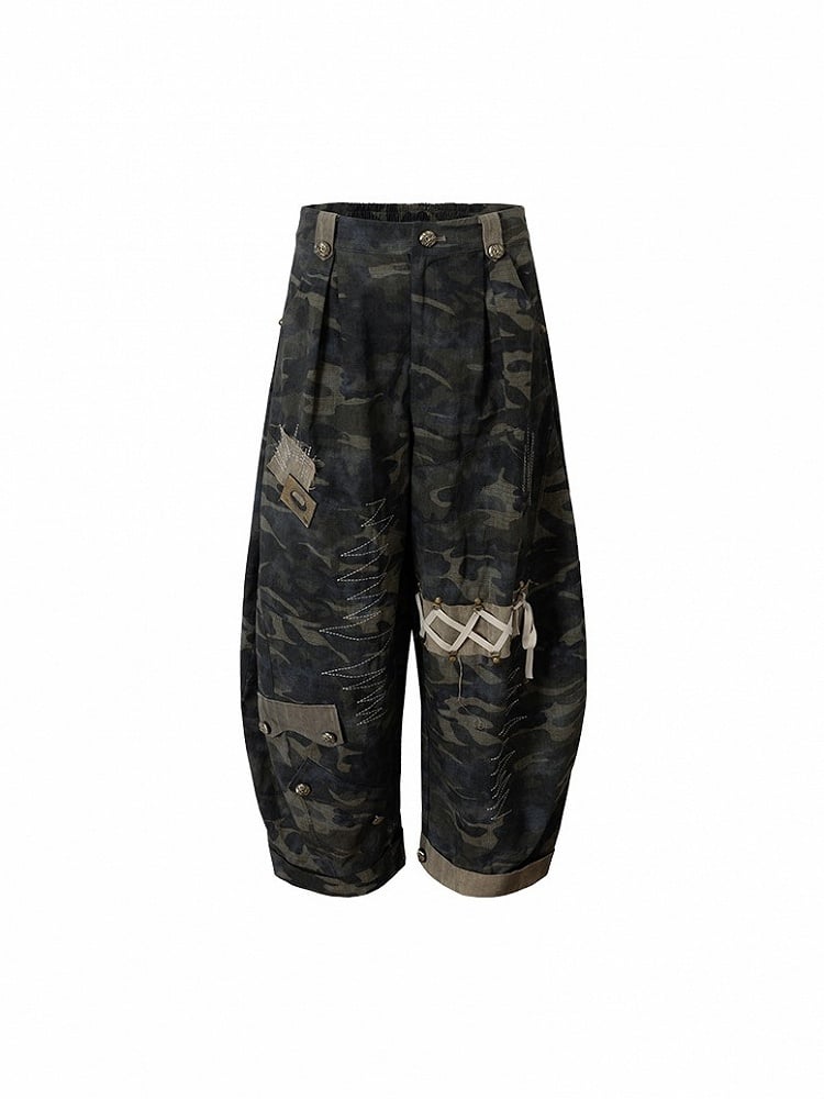 Pants Cargo Zigzag Punk Deconstructed with Camo Embroidery Vintage Design