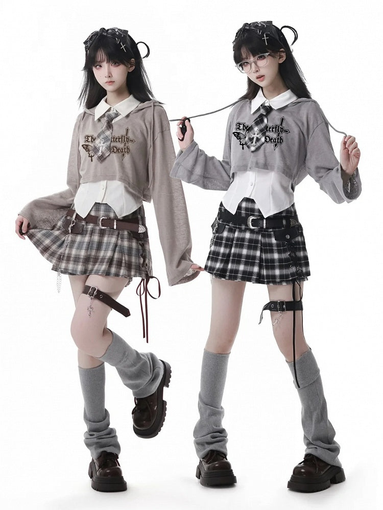 Y2K Lace-up Black Detail Plaid Skort with Buckle Belt and Chain White/ Khaki