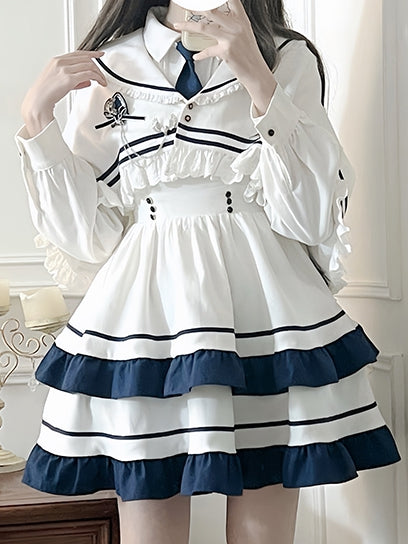 White and Blue Lace Trim Sailor Collar Cloak