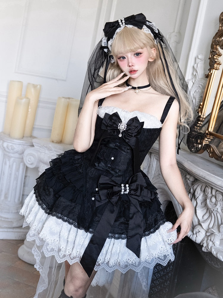 Bows White Dress Black Decorated Gothic Skirt Lolita Tiered and
