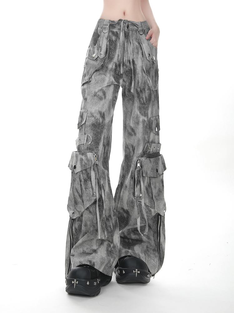 Gray/Green Faded Vintage Dark Wash Wide-Leg Cargo Jeans with Zippered Cuffs