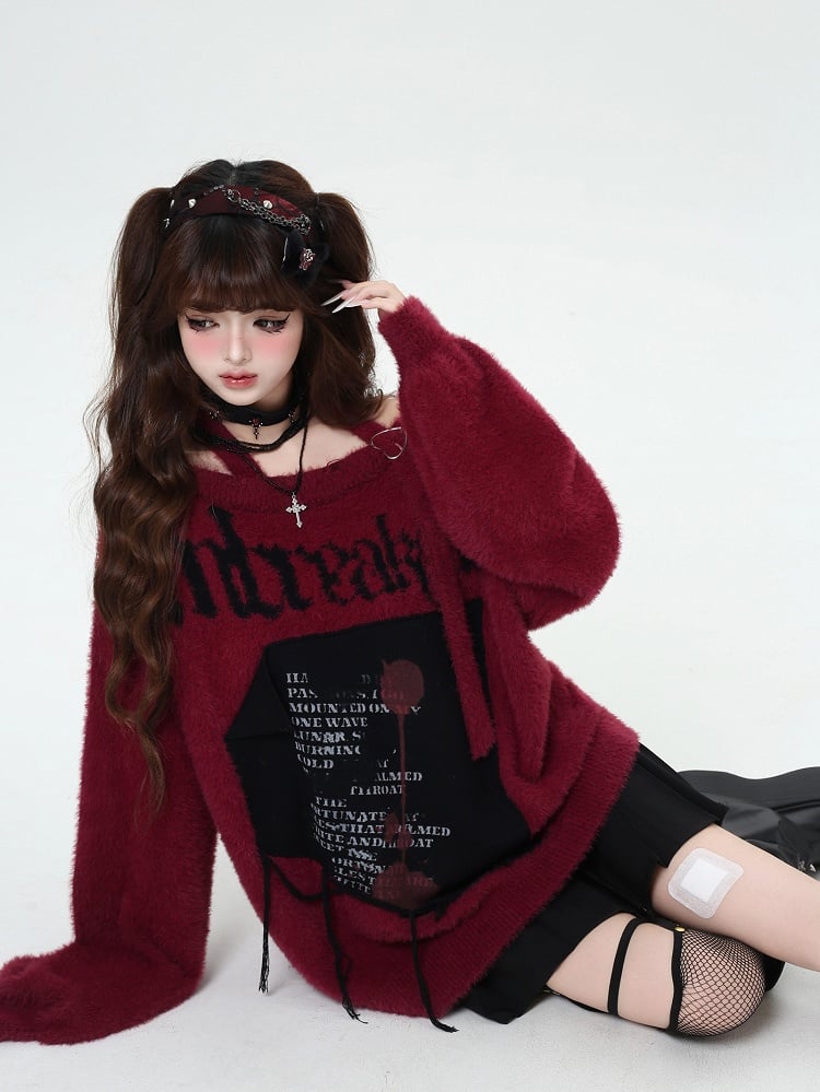 Schwarz/Weinrot/Lila Neckholder-Pullover mit Buchstabengrafik