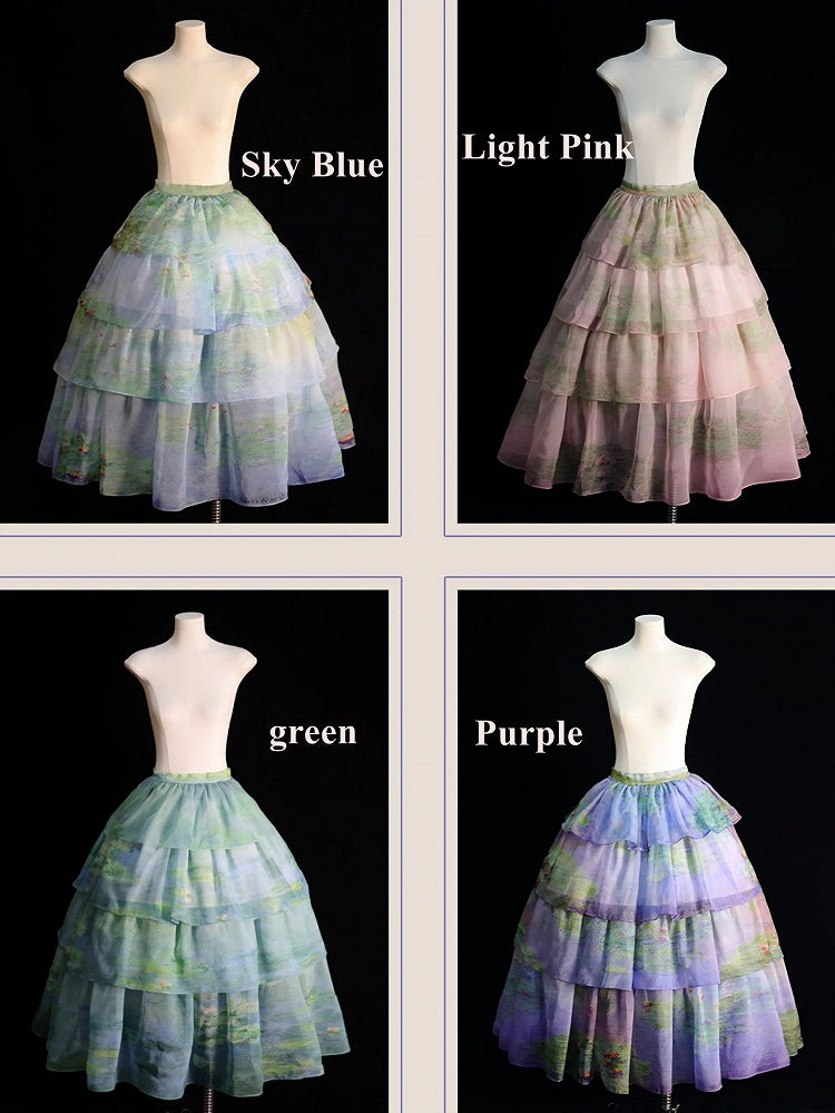 Sky Organza Tiered Skirt Blue/Light Pink/Purple/Green Oil Painting Print