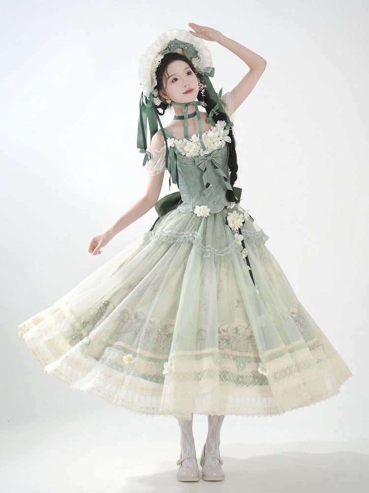 Decoration Set Jasmine Print Top Green Skirt Lolita Corset Classic Long Floral +