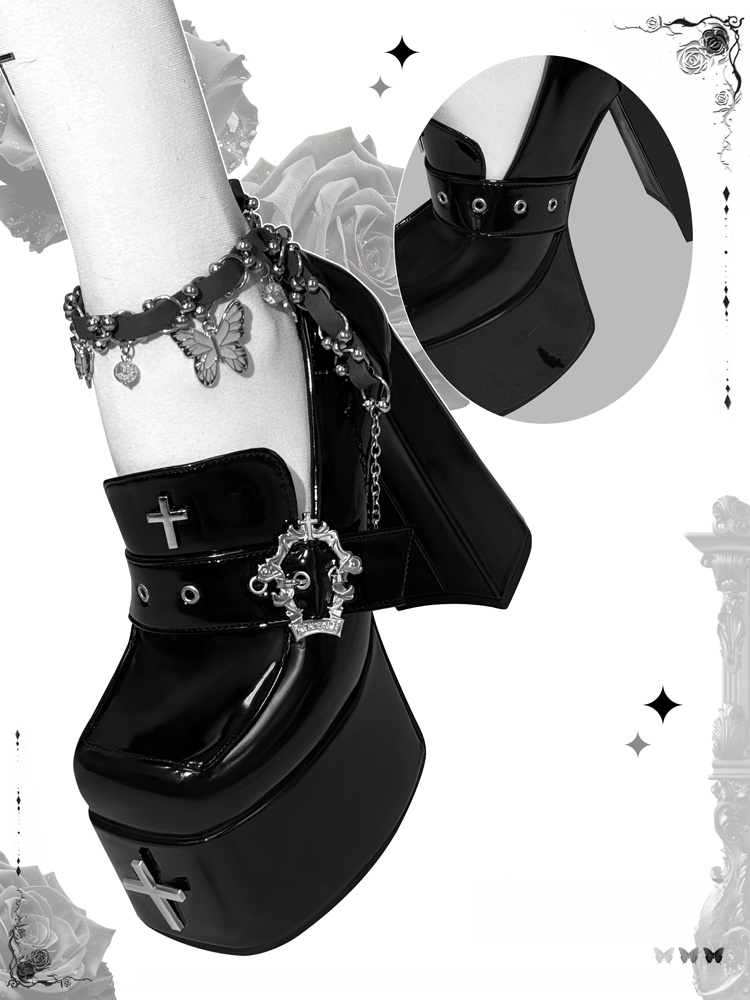 Heel High in Coffin Buckle Gothic with Black Shoes Polished Platform Block 11/13cm