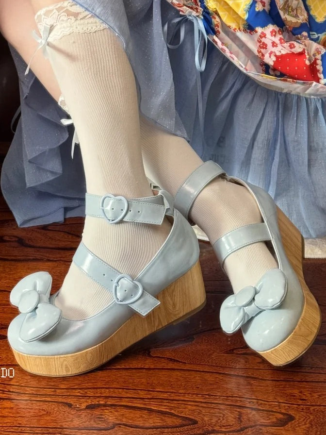 Heart Shoes Sweet Blue Buckles Top at - Bow Lolita Platform Baby
