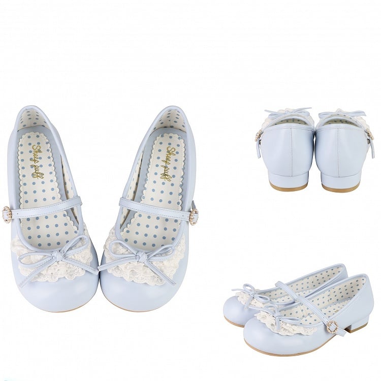 Absätze 2,2 cm/4,3 cm Janes Mary Toe Trim Blau Runde Akzent geknotete Spitze Schleife