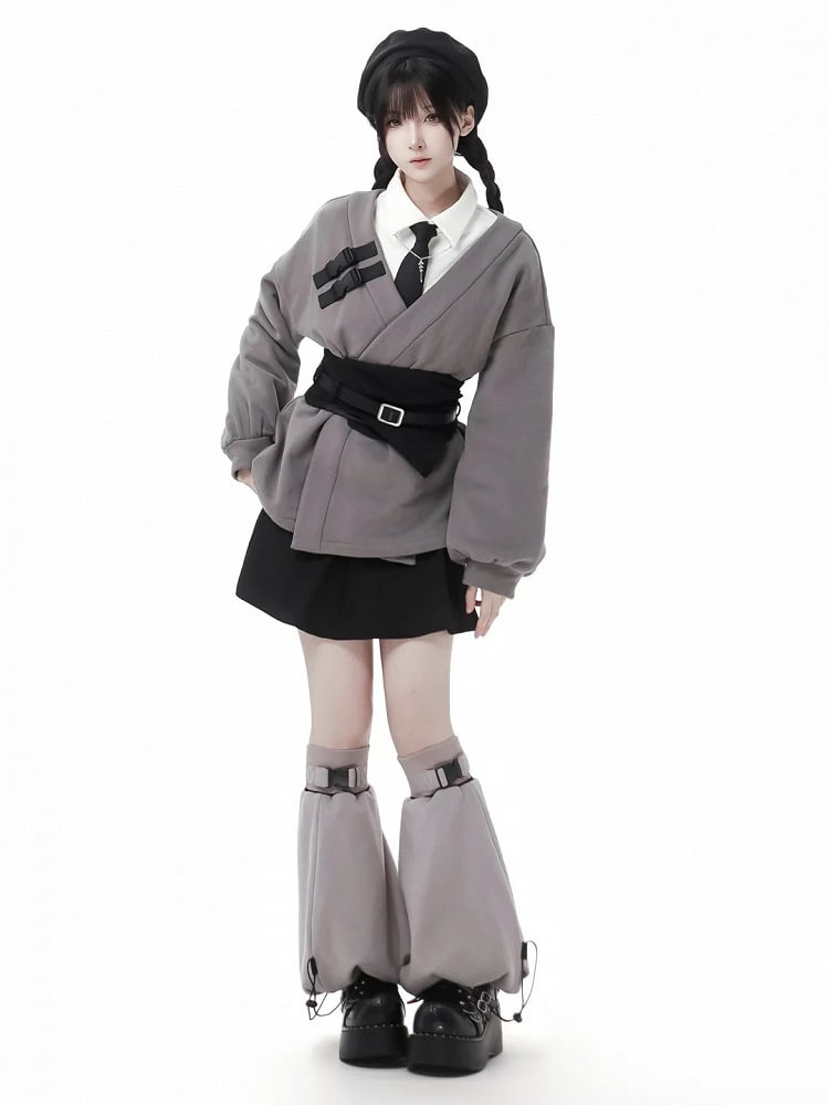 ダークグレーのノッチ付きスウェットシャツ(コルセット付き)