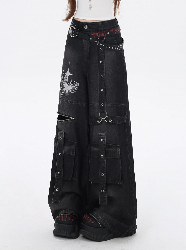 Jeans Black Butterfly Wide-Leg Cargo Print Strap Details Vintage