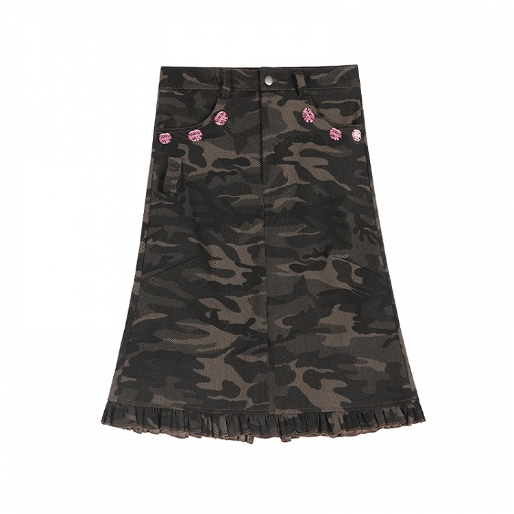 Waist Vintage Ruffle Hem Denim Mermaid Skirt Camo Low