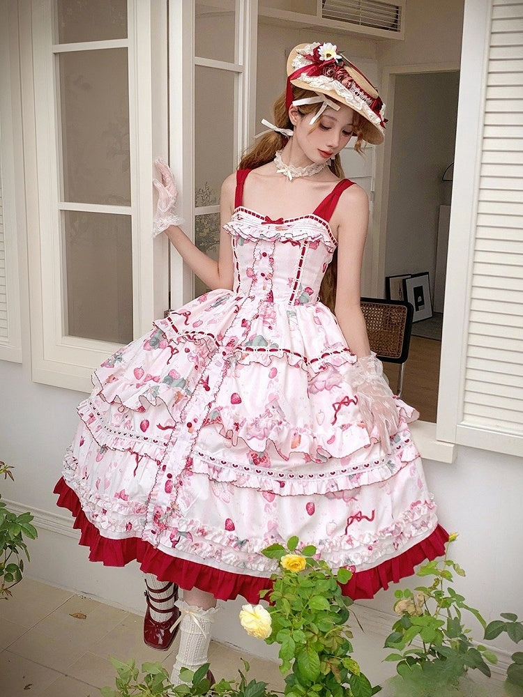 Kitty and Strawberry Print Spring and Summer Cottagecore Lolita Dress