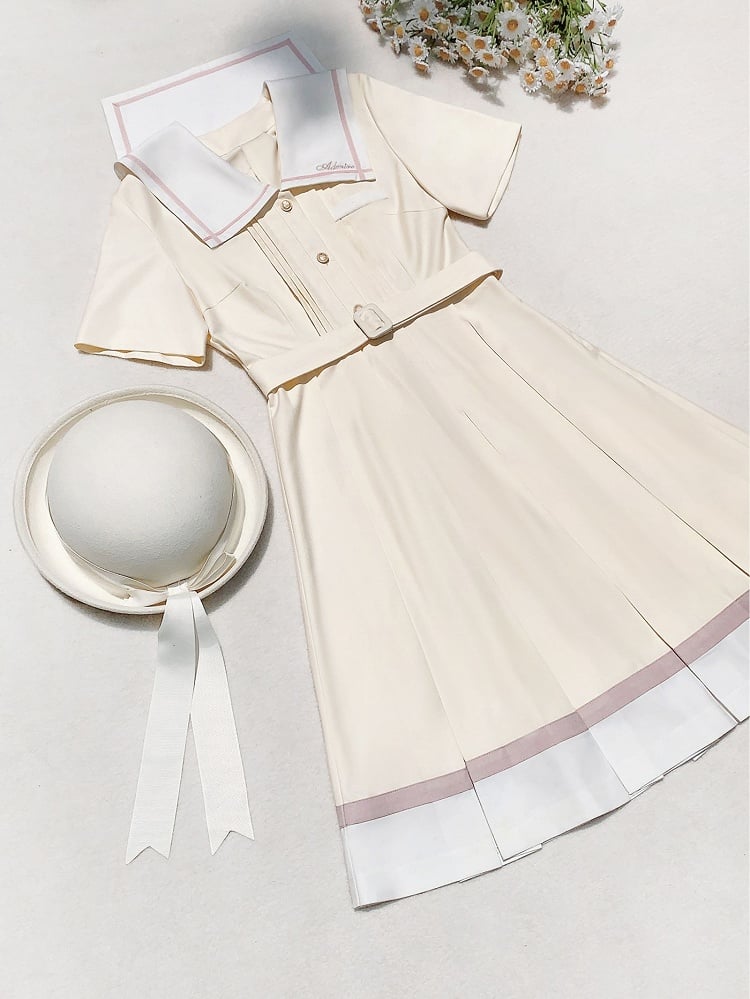 with Pleat Box Sailor Yellow Milk Waist Dress Skirt Collar Belt