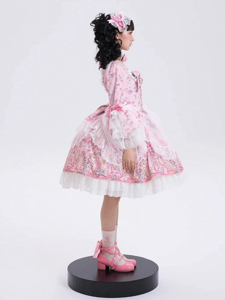 Pink Rosette Print Rococo Fashion Inspired Lolita Dress Square Neckline Bell Sleeves OP / Full Set