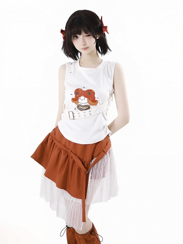White Cartoon Print Cotton Tank Top with Detachable Buckle Strap