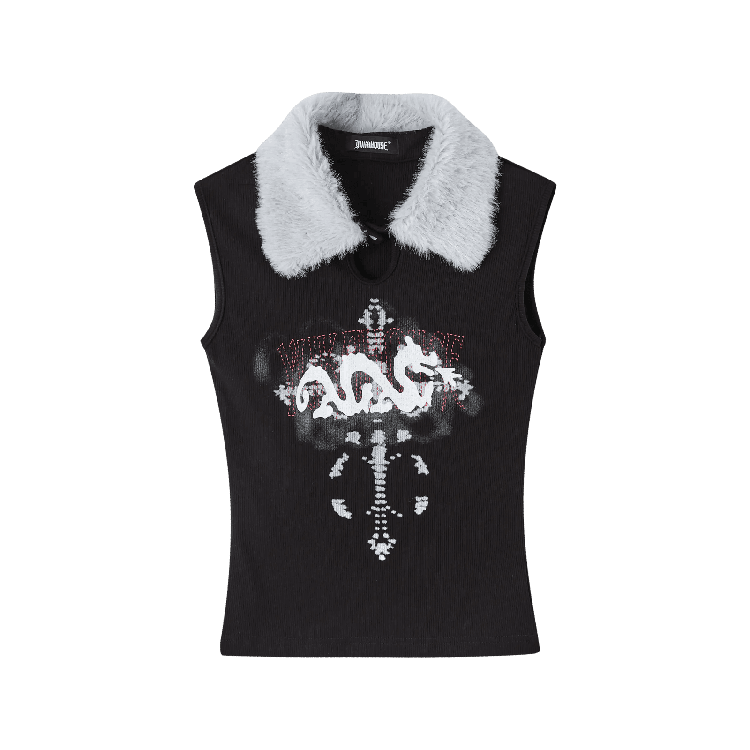 Y2K Black Plush Collar Snap Neckline Keyhole Graphic Glamorous Tank Top