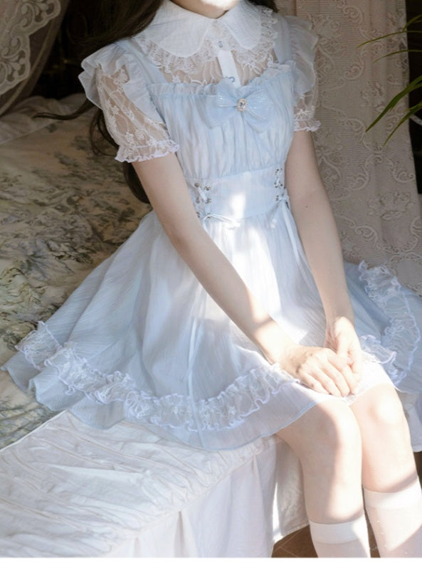 Collar Lace-up Waist Pan Jirai Kei Dress Light Blue Illusion Neckline Peter