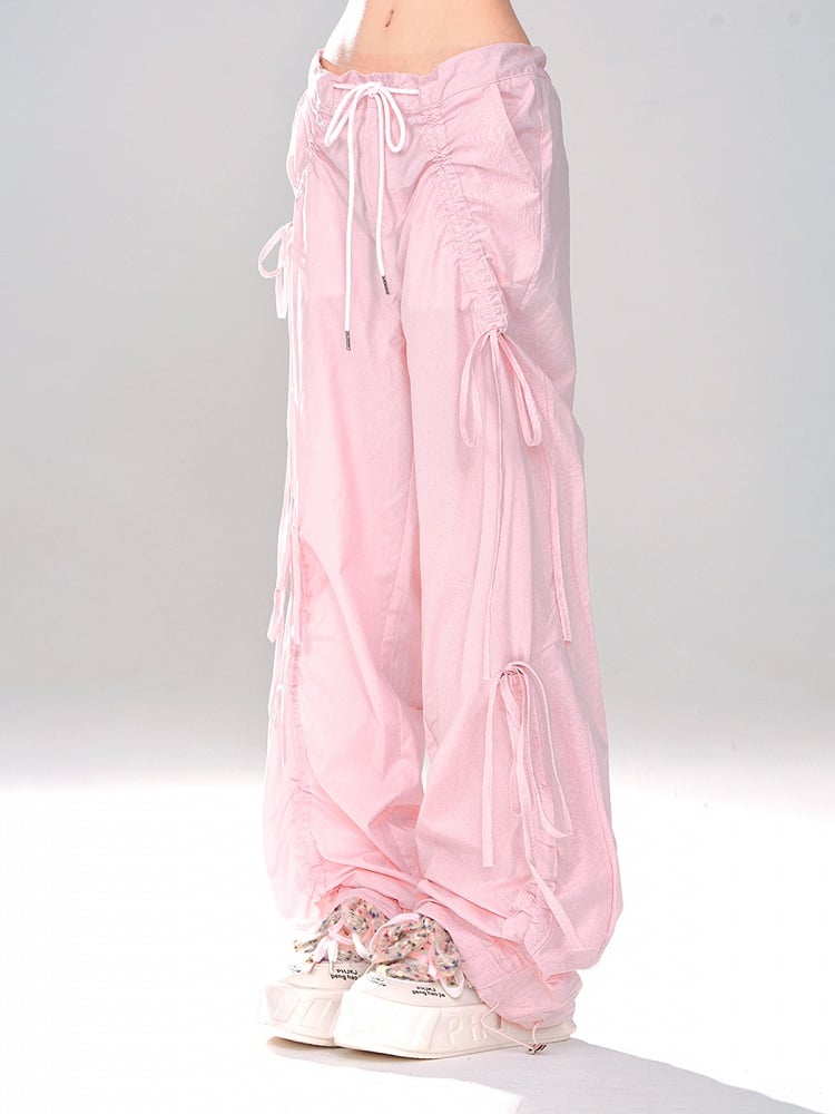 Pink Low Waist Wide-Leg Pants with Asymmetrical Drawstring Bows - Daily Kawaii Style