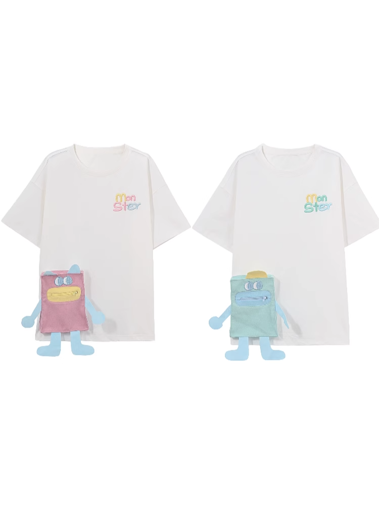 T-shirt Blue/Pink Neck Loose Cartoon Pocket White Round