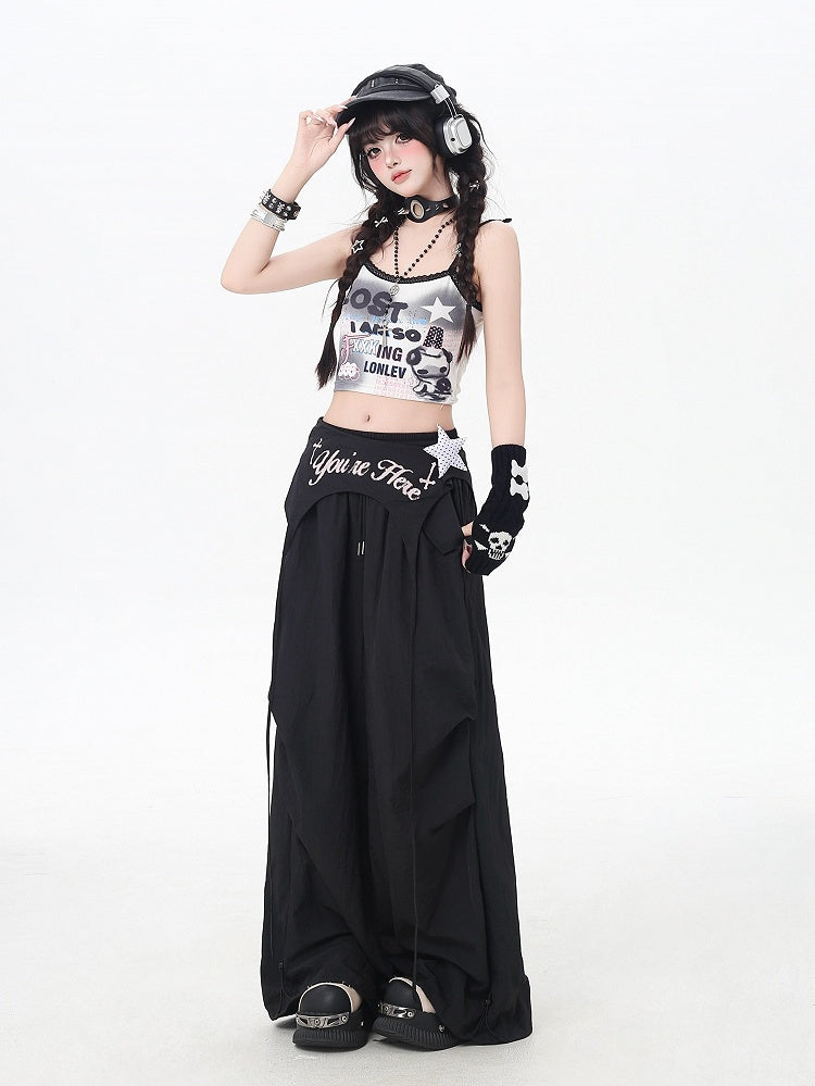 Black Punk Pants Accessory Waist Asymmetrical with Drawstring Waist Wasteland