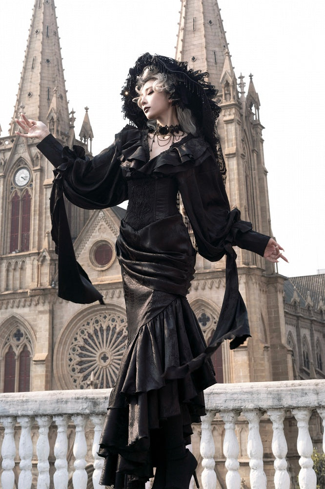 Flounce Gothic Skirt Hem Corset Waist Mermaid Cascading Black Boned Asymmetrical Lolita High