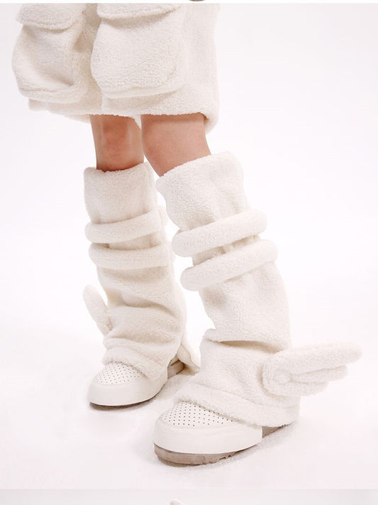 White Angel Wings Fleece Leg Warmers