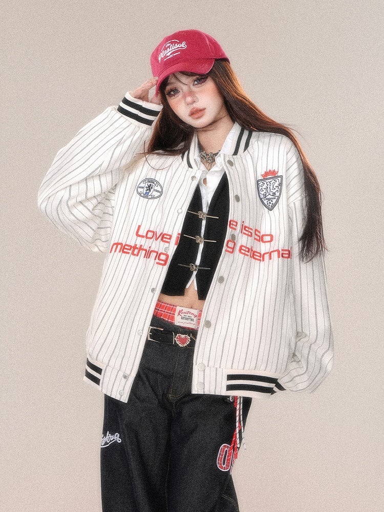 Grau-weiße Baseballjacke mit Streifenstickerei