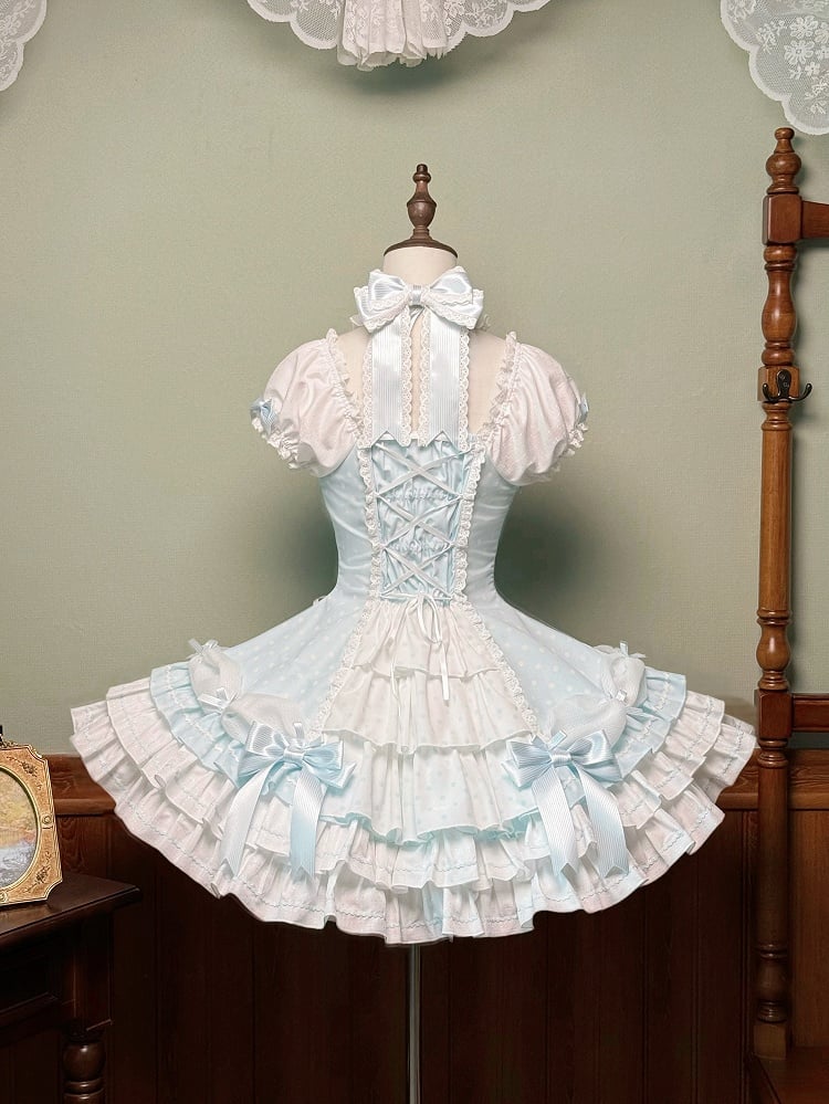 Gepunktetes blaues Lolita-Kleid mit altem Neckholder und Schulärmeln, vielseitiges Polka-Kleid mit Puffärmeln
