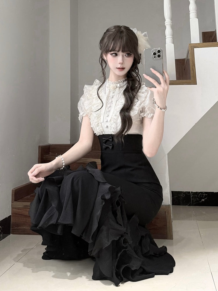 Two Fake Dress Skirt Design Waist Pieces Mermaid Boned and Black Lolita Blouse Beige Elegant