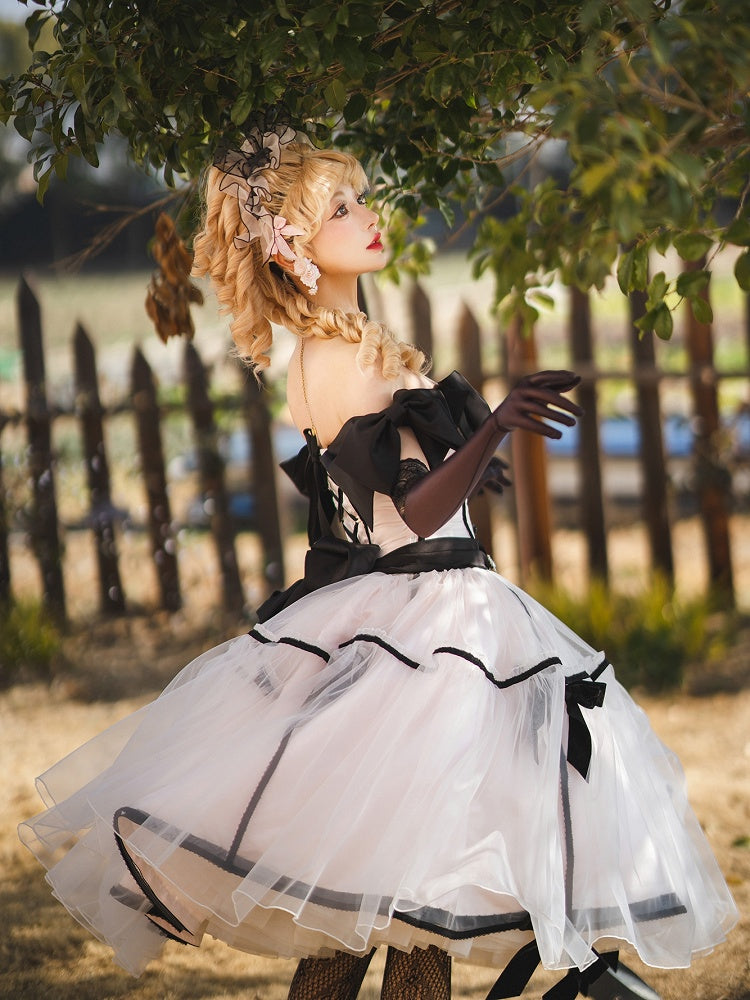 Big Bow Off-the-shoulder Neckline Pink Elegant Tea Party Lolita Tulle Dress